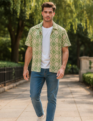 Green Diagonal Design | Men's Half Sleeve Cotton Shirt - Stylish & Comfortable Casual Wear