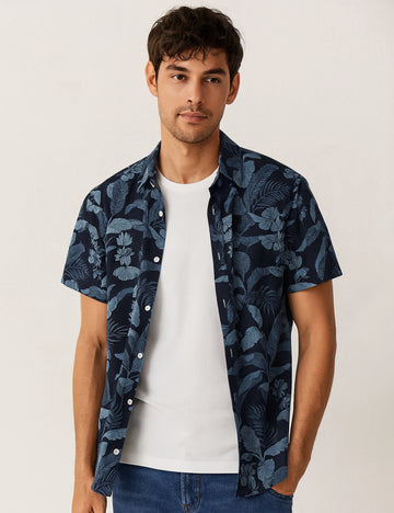 Navy Floral Design | Men's Half Sleeve Cotton Shirt - Stylish & Comfortable Casual Wear