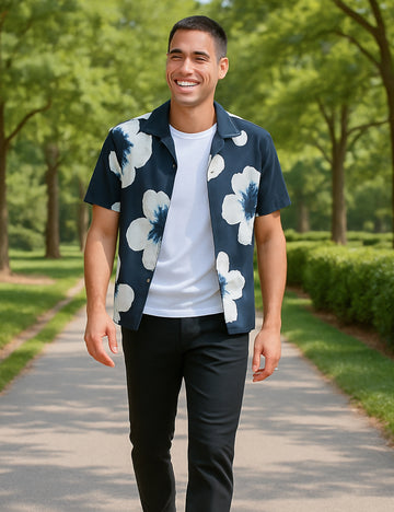 White Tulip Design | Men's Half Sleeve Cotton Shirt - Stylish & Comfortable Casual Wear