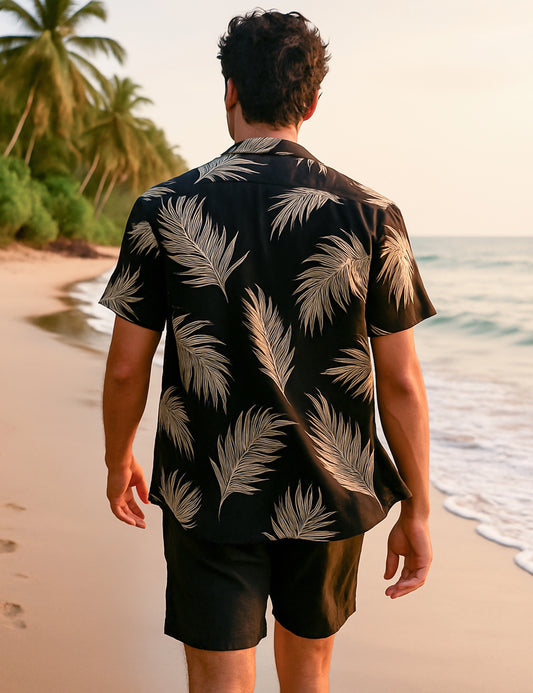 Black Leaves Design | Men's Half Sleeve Cotton Shirt - Stylish & Comfortable Casual Wear