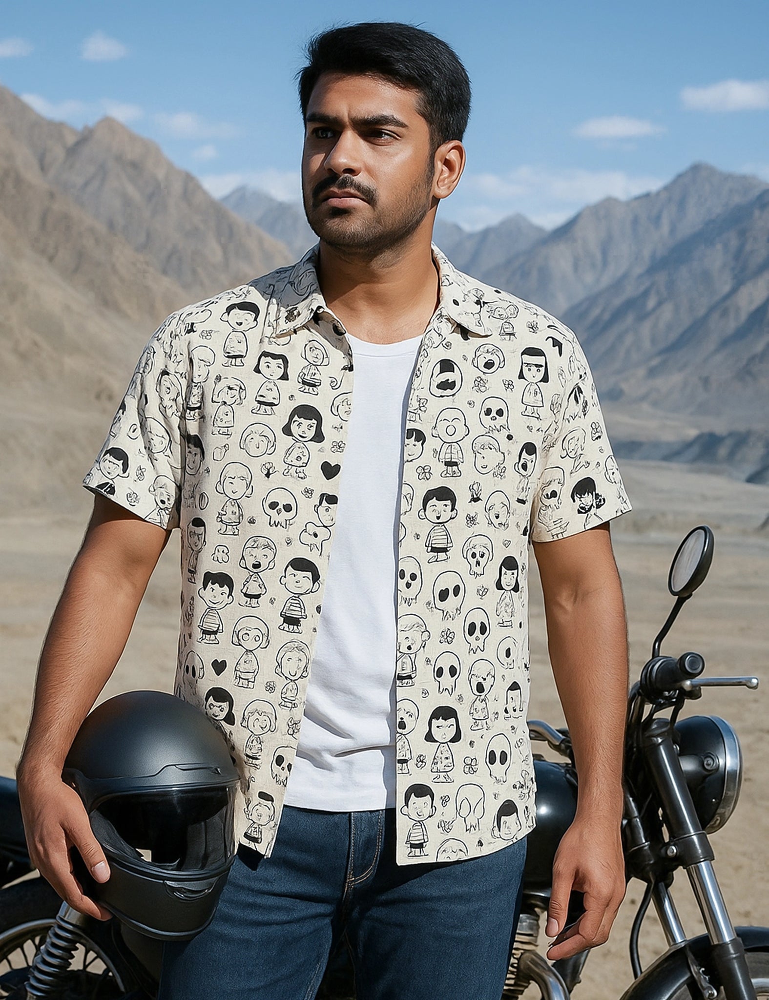 Cream Cartoon Design | Men's Half Sleeve Cotton Shirt - Stylish & Comfortable Casual Wear