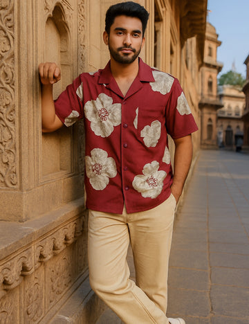 Red Flower Design | Men's Half Sleeve Cotton Shirt - Stylish & Comfortable Casual Wear