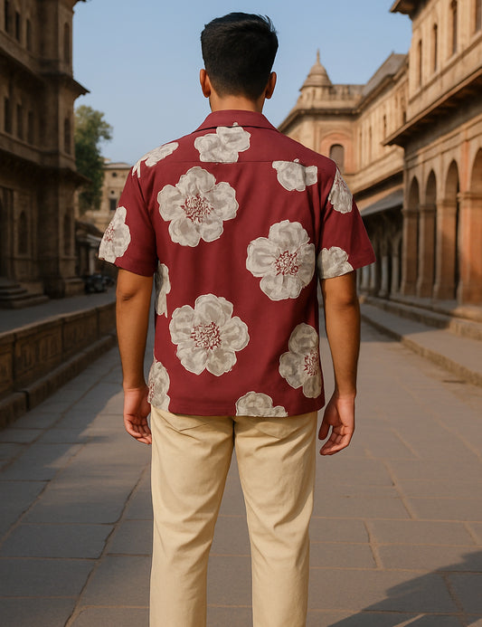 Red Flower Design | Men's Half Sleeve Cotton Shirt - Stylish & Comfortable Casual Wear