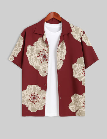 Red Flower Design | Men's Half Sleeve Cotton Shirt - Stylish & Comfortable Casual Wear