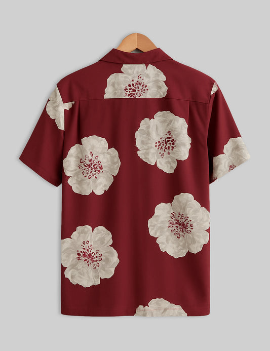 Red Flower Design | Men's Half Sleeve Cotton Shirt - Stylish & Comfortable Casual Wear