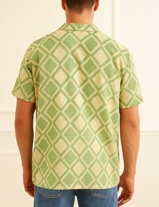 Green Diagonal Design | Men's Half Sleeve Cotton Shirt - Stylish & Comfortable Casual Wear