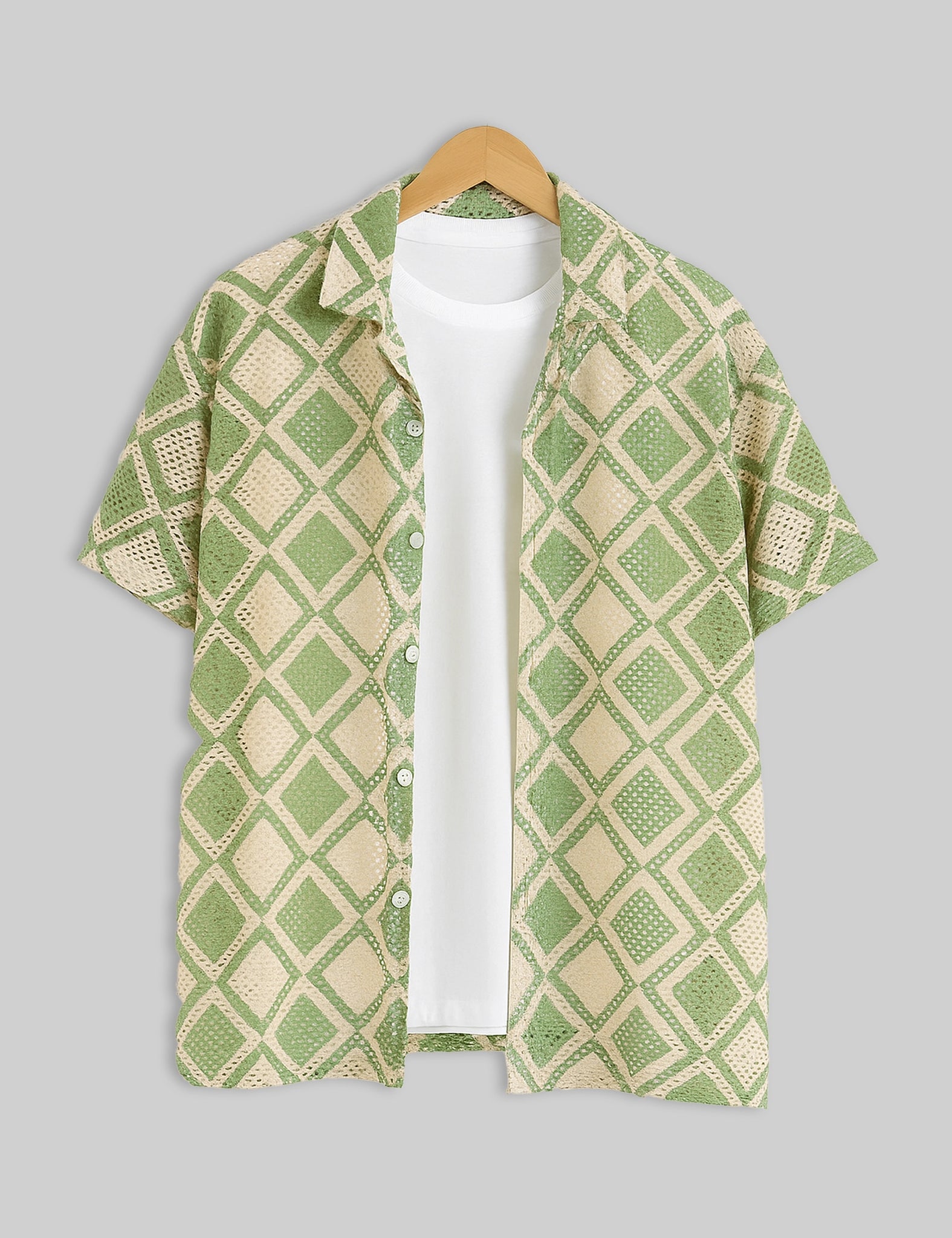Green Diagonal Design | Men's Half Sleeve Cotton Shirt - Stylish & Comfortable Casual Wear
