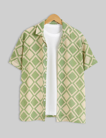 Green Diagonal Design | Men's Half Sleeve Cotton Shirt - Stylish & Comfortable Casual Wear