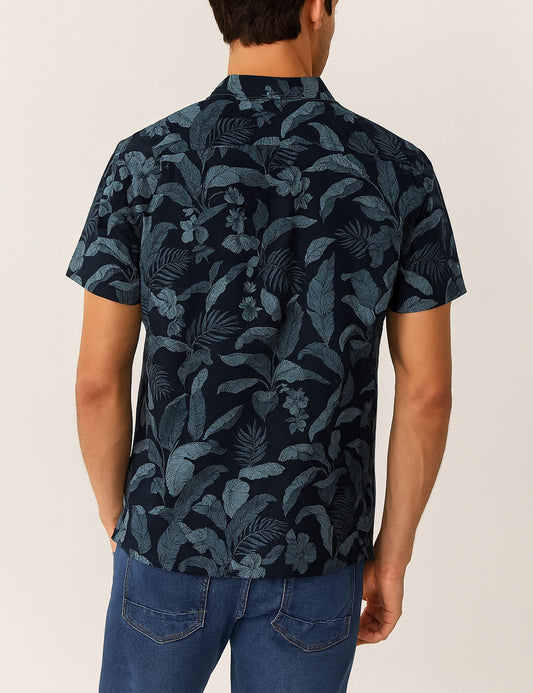 Navy Floral Design | Men's Half Sleeve Cotton Shirt - Stylish & Comfortable Casual Wear