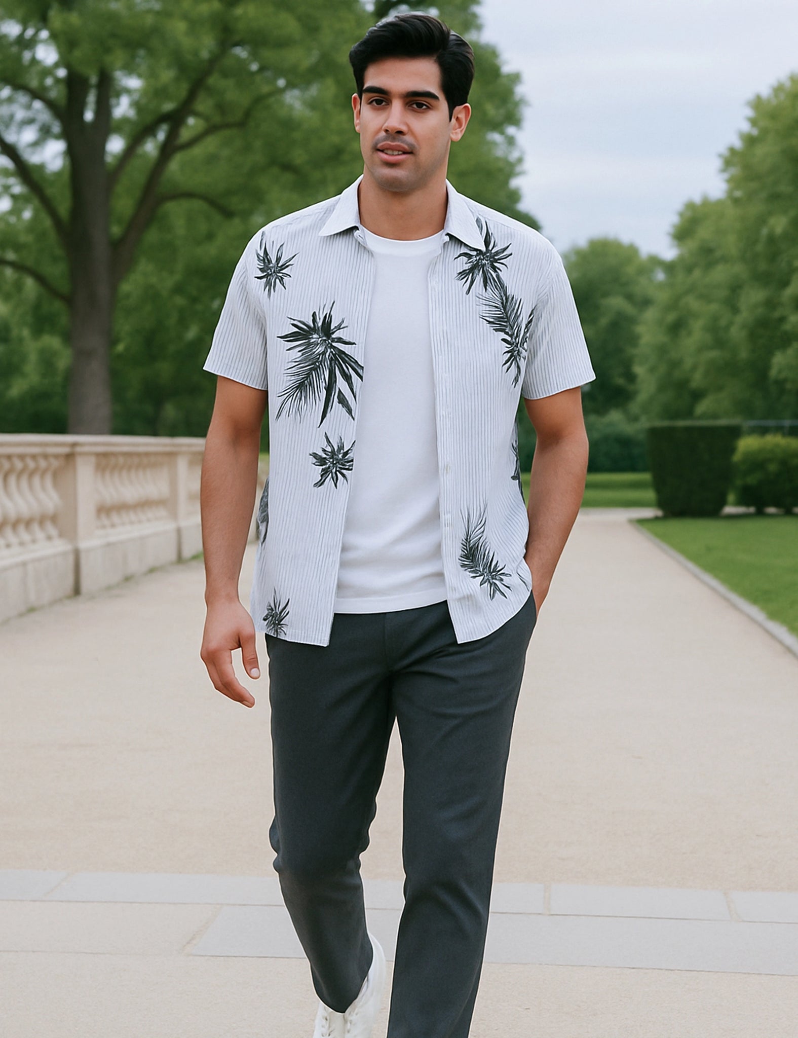 White Leaf Design | Men's Half Sleeve Cotton Shirt - Stylish & Comfortable Casual Wear