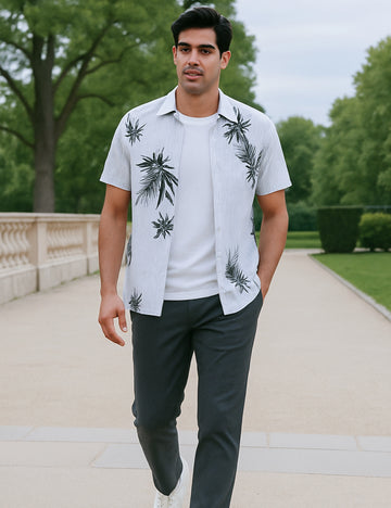 White Leaf Design | Men's Half Sleeve Cotton Shirt - Stylish & Comfortable Casual Wear